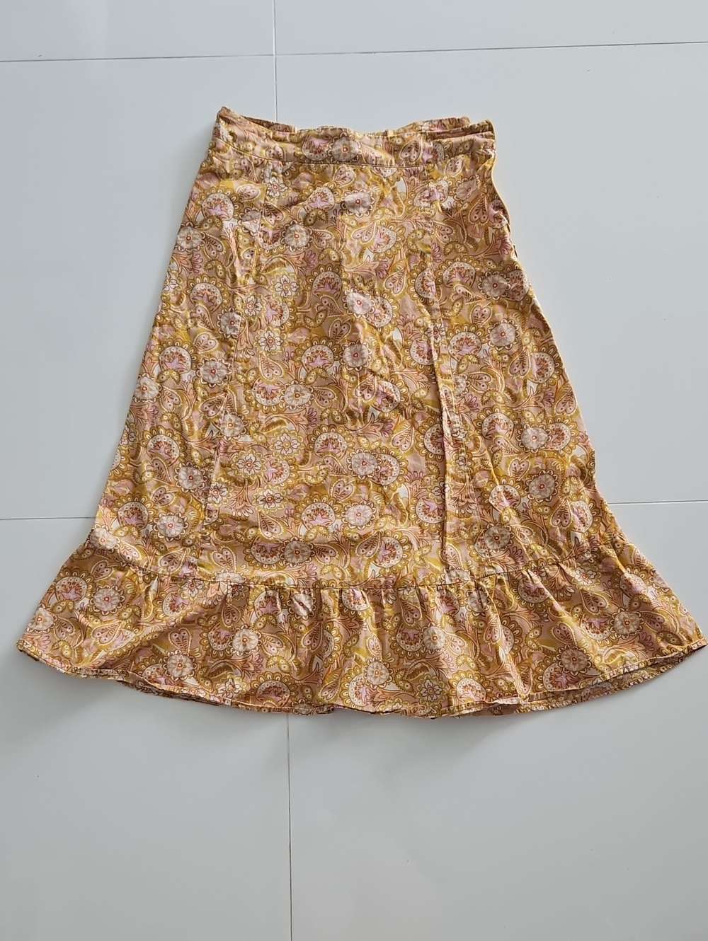 o.p.t. Women's Paisley Ruffle-Hem A-Line Midi Skirt in Mustard Yellow